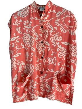 Avanti Silk Mandarin Collar Tropical Pineapple Shirt Medium Coral Pink Button S